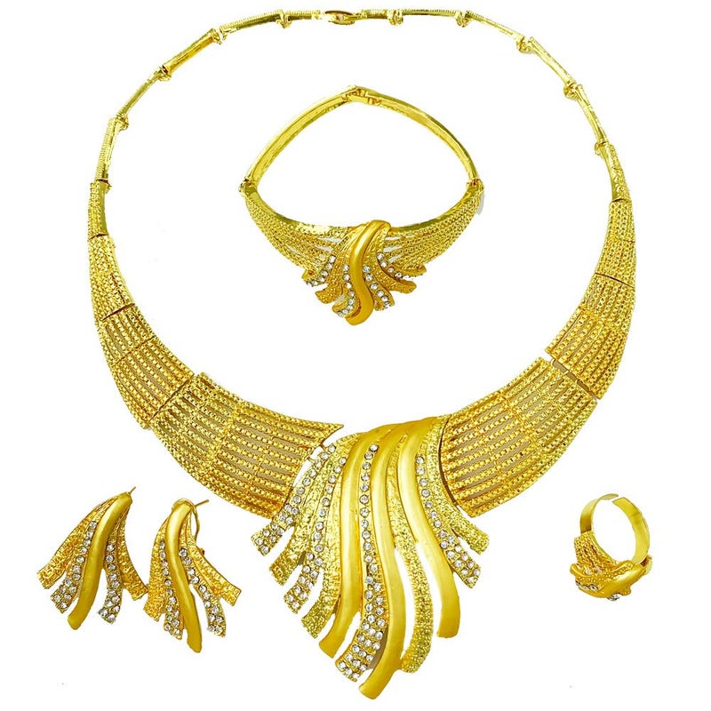 LIFFLY Pakistani Jewelry for Women Fashion Golden Costume Jewelry for Women Necklaces Gold Earrings Bracelet Ring for Brides Bridesmaid Mother on Wedding - Image 1